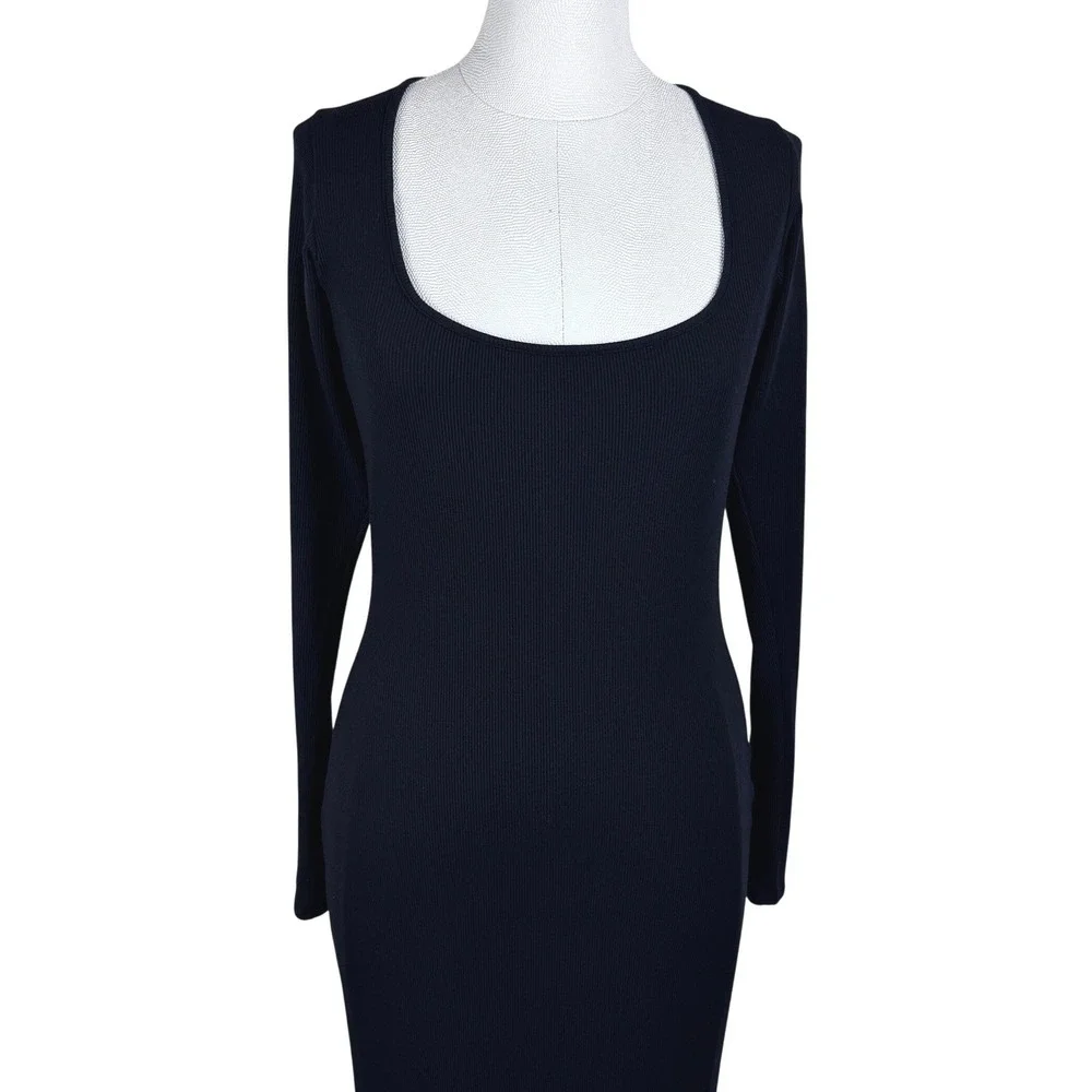 SKIMS Women's Black‎ Ribbed Long Sleeve Stretch Maxi Dress Square Neck Size XL - Picture 2 of 10